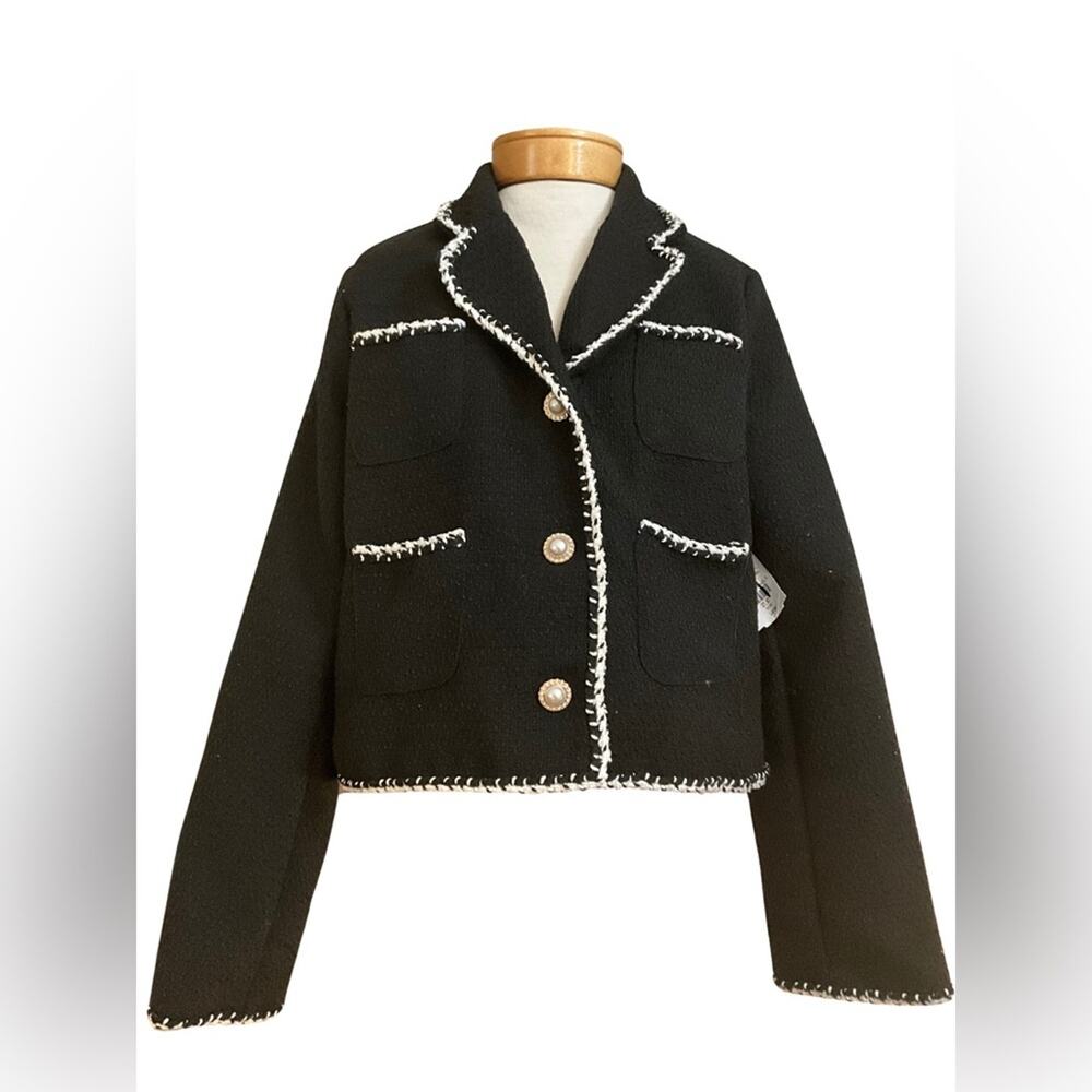 Ellen Tracy Black Boucle Blazer Pearl Buttons NWT L French Style Tweed Trim